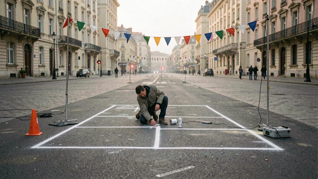 Place de centre-ville vidée à l'aube, un technicien trace au sol à la bombe blanche un grand rectangle de dix mètres, mât de signalisation et fil de drapeaux tendu au-dessus.