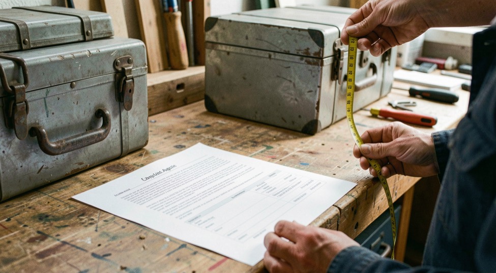 Atelier de compagnie en fin de journée, une fiche technique A4 posée sur un établi entre deux coffres de matériel, une main tient un mètre ruban déroulé au-dessus.