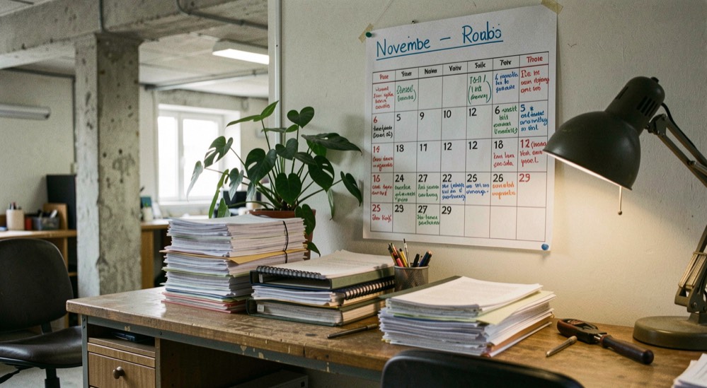 Bureau de compagnie en sous-sol en novembre, calendrier de saison annoté au feutre au mur, dossiers de candidature empilés entre une plante et une lampe d'atelier.
