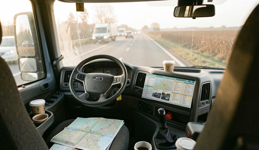 Cabine de camion en route au petit matin, feuille de route plastifiée sur le tableau de bord, gobelets et carte routière pliée sur le siège passager.