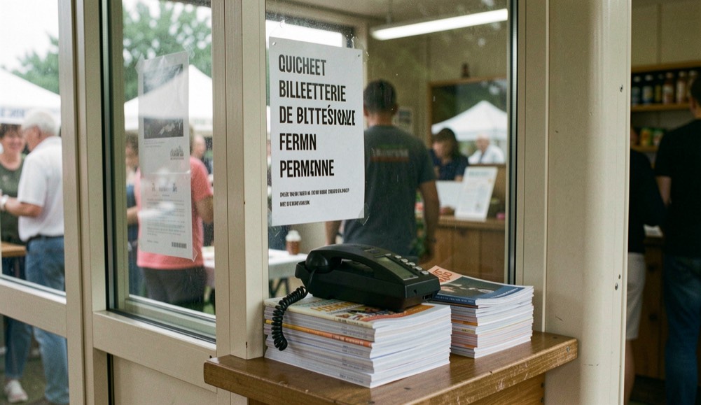 Guichet de billetterie de festival fermé le matin, feuille de permanence affichée derrière la vitre, téléphone posé sur une pile de programmes papier.