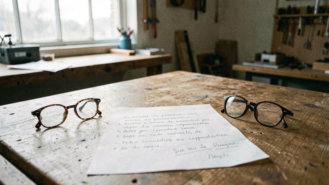 Table de réunion éclairée par une fenêtre d'atelier, une convention de coproduction annotée au crayon gris, deux paires de lunettes posées de part et d'autre.