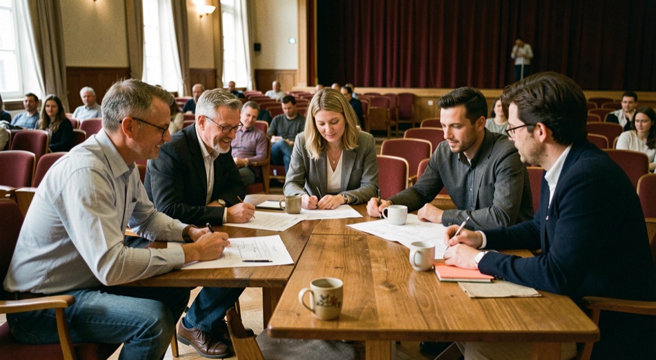 Hall de théâtre en fin de réunion, trois programmateurs et une directrice de compagnie signent une convention autour d'une table basse, tasses et plans de scène posés.