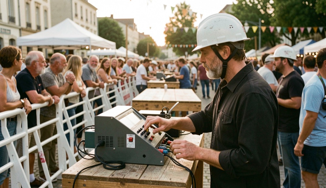 Festival de rue en fin d'après-midi, un régisseur à casque compte au compteur manuel les spectateurs qui franchissent les barrières blanches autour d'une estrade bois.