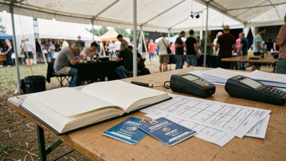 Table de régie sous tente de festival, cahier de notes relié ouvert à côté d'un dictaphone, deux badges de professionnel posés sur des plans pliés.