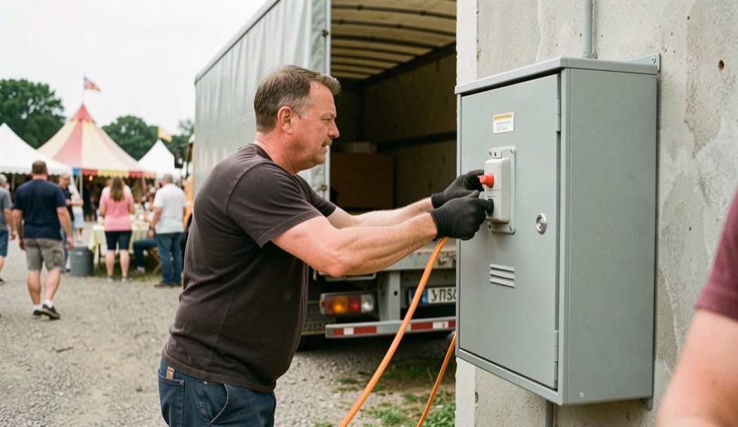 Arrière de camion bâché ouvert sur une place de festival, un régisseur tire une rallonge orange vers une armoire électrique grise cadenassée, gants aux mains.