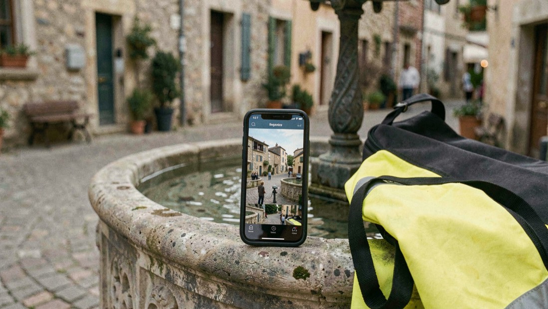 Téléphone posé sur une borne-fontaine de place de village, écran montrant des photos de repérage de la place, sac de régisseur et gilet jaune à côté.