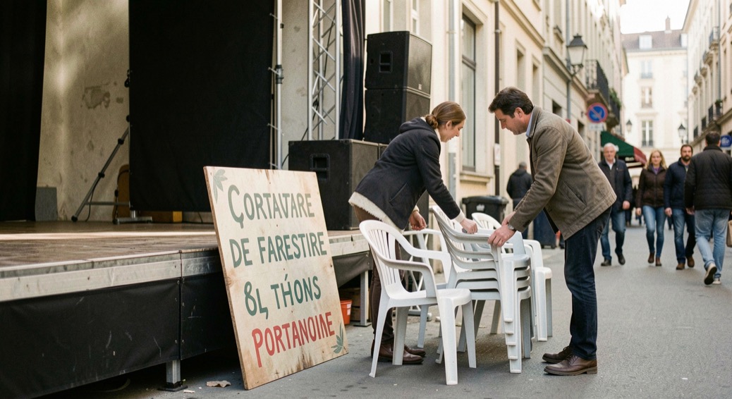 Scène de rue en fin de représentation, un panneau de partenaire en bois peint posé au pied d'une estrade, agent d'accueil rangeant des chaises plastique.